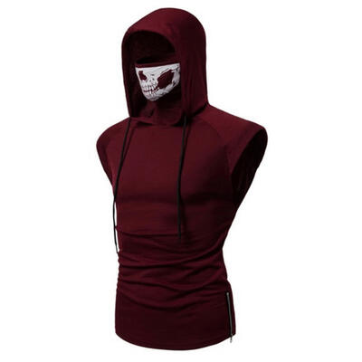 

Summer Super Stretch Fitness Men Ninja Uniform Hooded Sleeveless T-shirt With Skull Mask