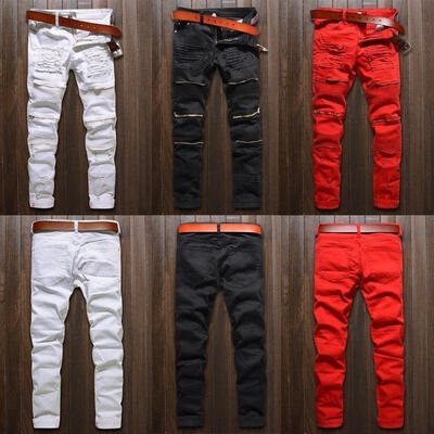 

Mens Fashion Ripped Jeans Pants Biker Skinny Slim Straight Denim TrousersColorsBlackWhiteRed