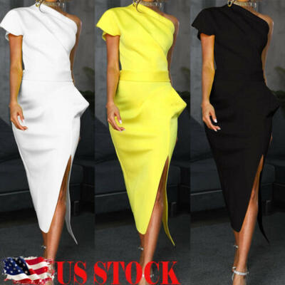 

Women One Shoulder Bodycon Midi Dress Evening Party Cocktail Club Pencil Dresses