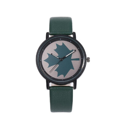 

Women Maple Pattern Wrist Watch Lady Fashion Alloy Case Leather Band Quartz Watch