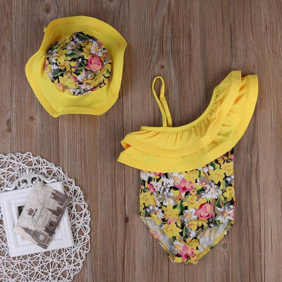 

2PCS Infant Baby Girls Flower SwinwearHat Floral Beachwear Sunsuit Clothes Fit For 1-6Y