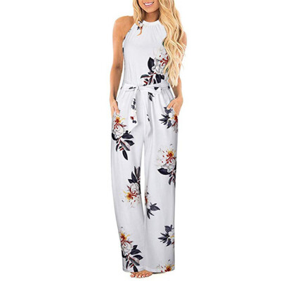 

Starmoon Womens Halter Neck Sleeveless Floral Long Jumpsuit Loose Belted Pocket Jumpsuit