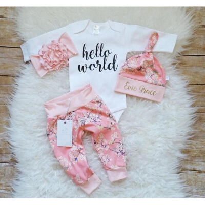 

4PCS Newborn Baby Girls Hello World RomperPants Hat Outfits Clothes Set 0-24M