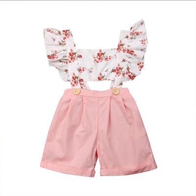 

Toddler Girl Clothes Flower Flutter Sleeves Backless Button Romper Pant Top&Short Stitching Cute Baby Girl Clothes 1-6T