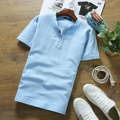 

Fashion Mens T Shirt Short Sleeve Linen Shirts Casual Breathable Soft V Neck Top