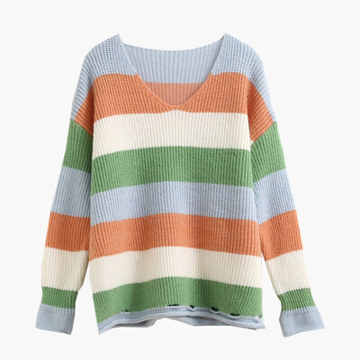 

〖Follure〗Women Fashion V-Neck Striped Pacthwork Printed Long Sleeve Pullover Sweaters