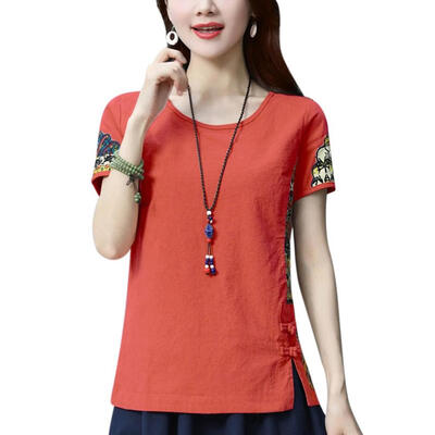 

Women Round Collar Summer National Wind Print Loose Short Sleeve Casual Simple Wild T-Shirt