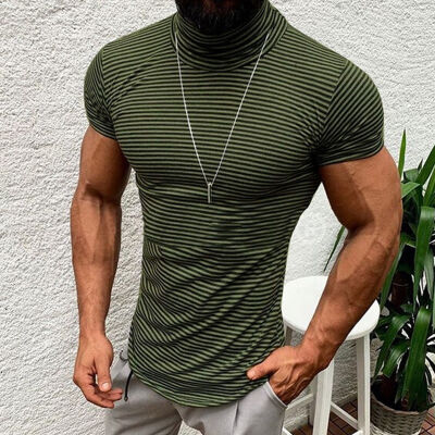 

Mens Striped Turtleneck Short Sleeve Muscle Tee Shirt Casual T-shirt Tops Blouse