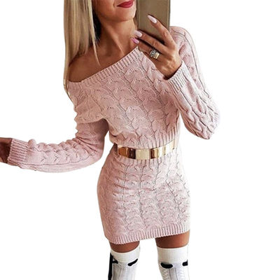 

Women Autumn Stylish Concise Solid Color All-match Slim Fit Long Sleeve Sweater Dress