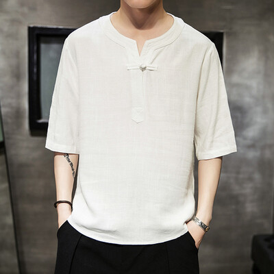 

Toponeto Mens Summer Vintage Pure Color Linen Patchwork Half Sleeve T-shirt Comfort Tops