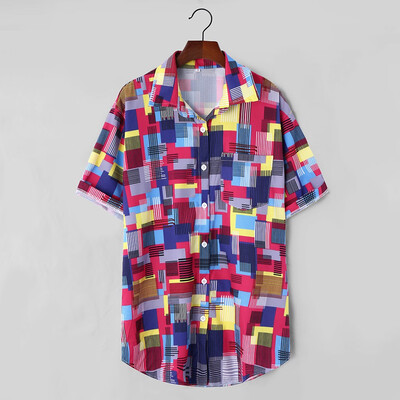 

Tailored Mens Ethnic Printed Stand Collar Colorful Stripe Short Sleeve Loose Shirt
