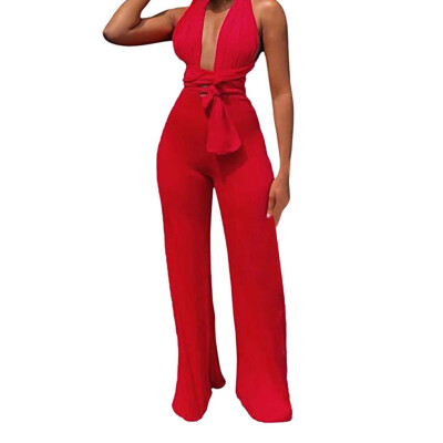 

Starmoon Women Summer Sexy Strap V Neck Solid Waistband Lace-up Long Pants Jumpsuits