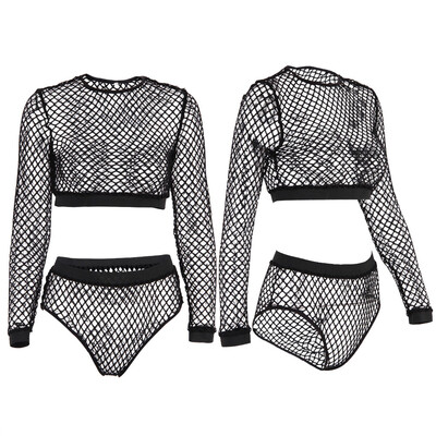 

Women Sexy Long Sleeve See-Through Mesh Fishnet Crop Top T-Shirt & Shorts Set