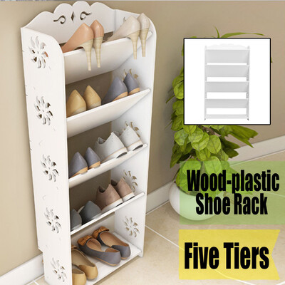 

Wood-plastic Board Five Tiers Bevel Carved Shoe Rack White