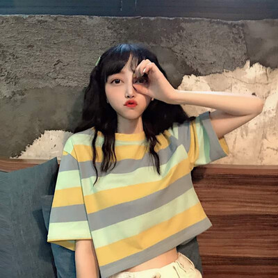 

Summer Womens Elegant New Style Sweet Fashion Design Casual O Neck Striped Short Sleeve Loose Pullover Crop Top T-Shirt