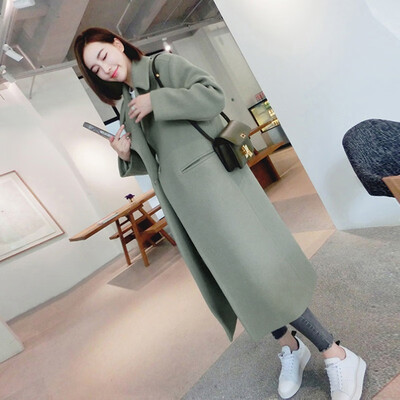 

Women Coat Autumn Winter Korean Version Slim Long Coat Solid Full Sleeve Turn-Down Collar Pocket Female Cardigan Outwear