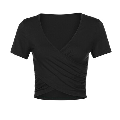 

Nomeni Womens Deep V Neck Short Sleeve Cross Wrap Slim Fit Casual Crop Tops Blouse