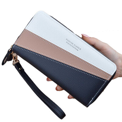 

Women Color Block Double Zipper Long Wallet Faux Leather Money Card Holder Purse