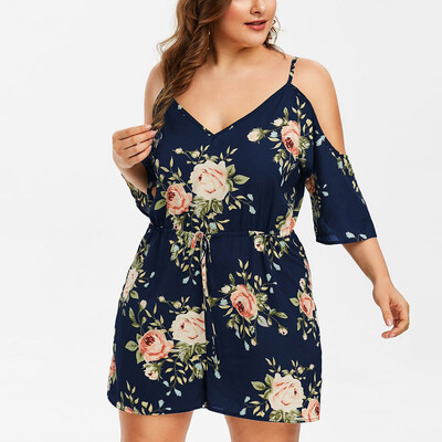 

Gobestart Fashion Womens Plus Size Floral Cold Shoulder Jumpsuit Bodysuit V-Neck Romper