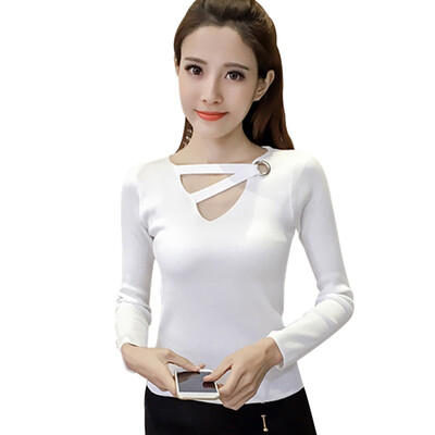 

2018 New Sexy V-Neck Hollow Out Sweater Women Pullover Casual Slim Bottoming Sweaters Female Fashion Solid Long Sleeve Tops