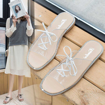 

Rose Fashion Ladies Flat Transparent Strap Slippers Casual Shoes Open Toe Beach Shoes