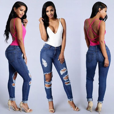 

New Sexy Women Ripped Jeans High Waist Holes Functional Pockets Destroyed Skinny Jeans Blue