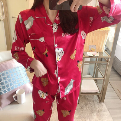 

Women Luxury Silk Satin Pajama Sets Long Sleeve Print Pyjamas Sleepwear Homewear