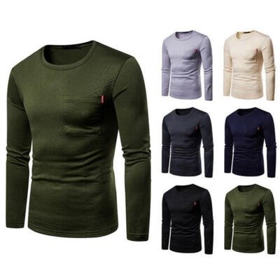 

Fleece MENS Sweatshirt Pullover LONG SLEEVE POCKET T-SHIRT PLAIN TOP CASUAL