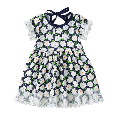 

Summer Neck Knot Lace Dress Kids Girls Short Sleeve Daisy Pattern Dresses