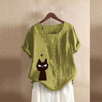 

Starmoon Plus Size Women Short Sleeve Cotton Linen O-Neck Print Blouse Top T-Shirt