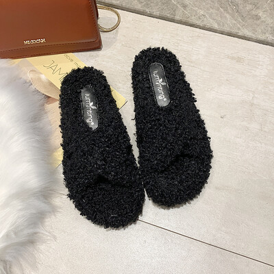 

Lamb Mao Mao slippers women 2019 summer&autumn wear small fresh flat net red drag social slippers tide