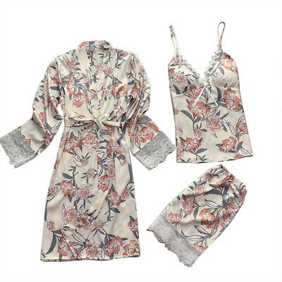 

Toponeto Women Sexy Satin Fashion Print Lace Bow Sleepwear Pajamas Sets 3 Pieces