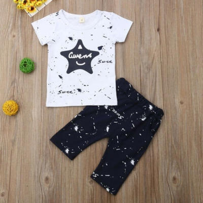 

US 2Pcs Newborn Baby Boy Cotton Short Sleeve Tops Long Pants Outfits Clothes