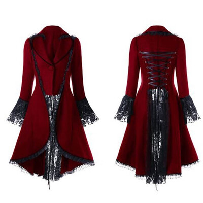 

Roseonmyhand Women Vintage Long-sleeved waist Back Bandage Lace Stitching Jacket OverCoat
