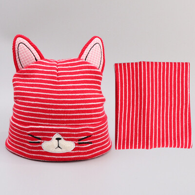 

Childrens knitted cotton scarf head cap for autumn&winter new cartoon two-piece hats for boys&girls kittens