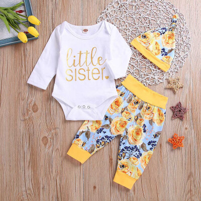 

3PCS Toddler Kids Baby Letter Print Romper JumpsuitFloral PantsHat Set Outfit