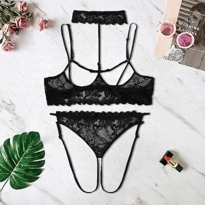 

Gobestart Fashion Women Sexy Open Crotch Hollow Out Lingerie Black Plus Size Bra Thong Set