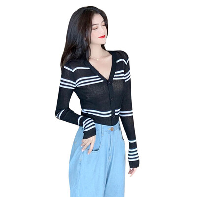 

Sweater Cardigans Women V-neck Striped Long Sleeve Slim Sweater Short Knit Casual Autumn Wild Female Cardigans