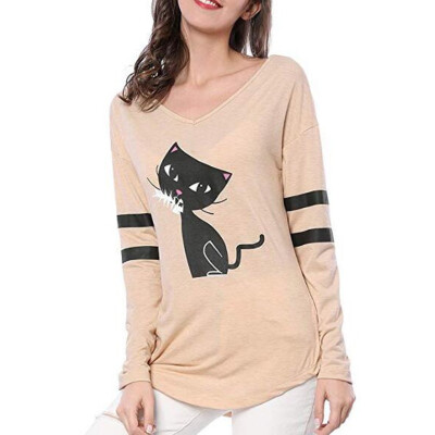 

Nomeni Fashion Women Casual Cat Splice Loose Long Sleeve V-Neck T-shirt Tops