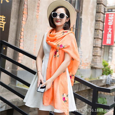 

Factory direct new national wind scarf simulation silk scarf summer thin embroidered silk scarf sunscreen shawl wholesale