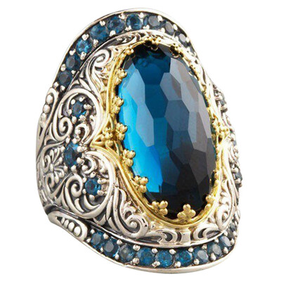 

Vintage Silver Two Tone Blue Topaz Ring Unisex Cocktail Wedding Band