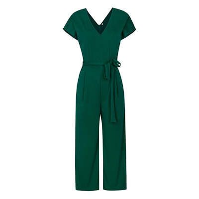 

Summer Solid Color Jumpsuit V-neck Short-sleeved Belt Jumpsuit Wide-leg Pants
