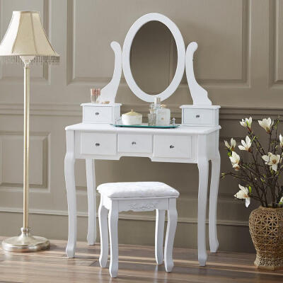 

Vanity Makeup Dressing Table Set WStool 5 Drawers & Mirror Jewelry Desk White