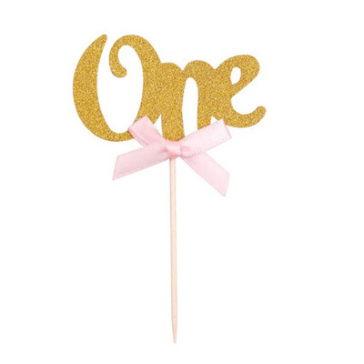 

FUNNYBUNNY Glitter Gold 1st Birthday Party Decoration One Cupcake Cake Topper with Pink Bow Happy Birthday Cake Topper