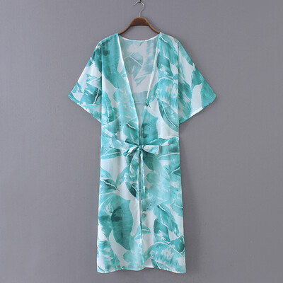 

New Women Chiffon Kimono Cardigan Leaves Print Half Sleeve Tie-Waist Loose Outerwear Bikini Cover Up Green