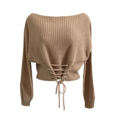 

Autumn Lace Up Women Knitted Sweaters Pullovers Solid Waist Bandage Tops