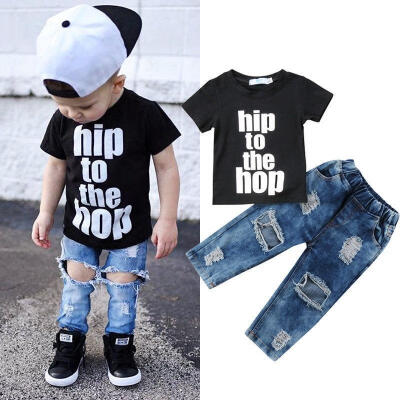 

Newborn Toddler Kids Boys Clothes T Shirt Tee Top Denim Hole Pants Outfits Set