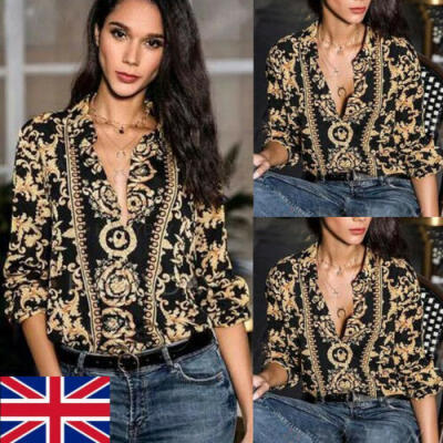 

Womens VNeck Floral Elegant Collar LongSleeve Loose Shirt Ladies Blouses Tops UK