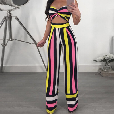 

Roseonmyhand Women Sexy Lady Daily Sleeveless Stripe High Waist TopsWide Long Pant Suit Set