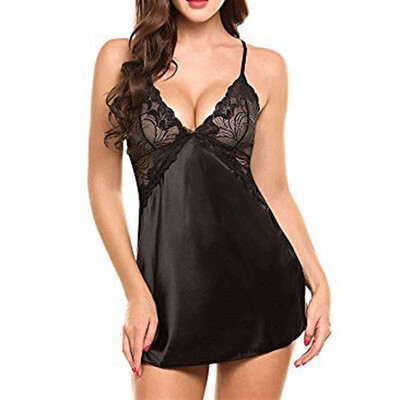 

Women Sexy Lingerie Nightdress Satin Lace Patchwork Robe Nightgown Sleepwear